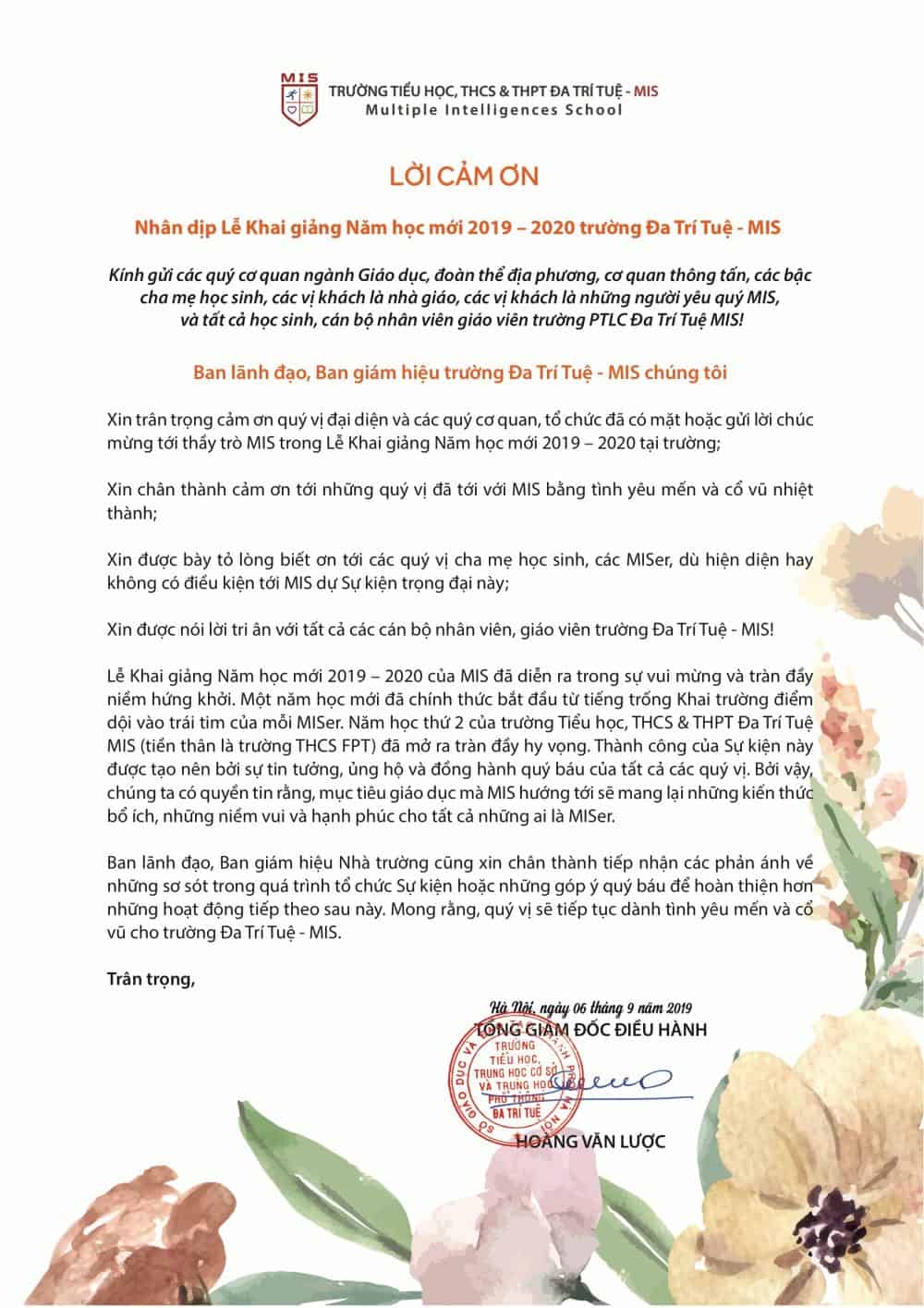 Lời cảm ơn sau Khai giảng