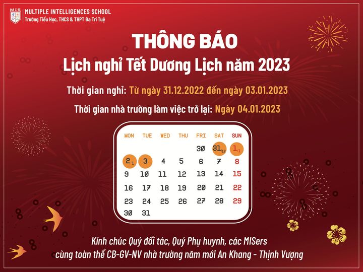 LỊCH NGHỈ TẾT DƯƠNG LỊCH & HỌC KỲ 1