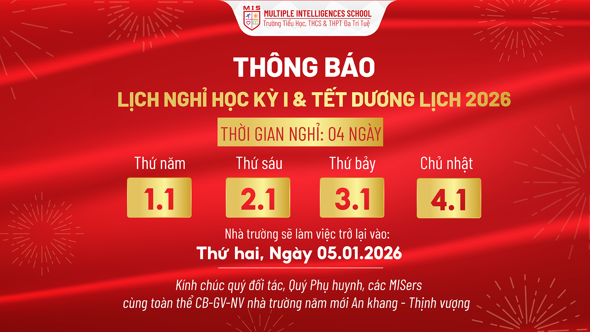 LỊCH NGHỈ TẾT DƯƠNG LỊCH 2026 & NGHỈ HỌC KÌ I – NĂM HỌC 2025 – 2026