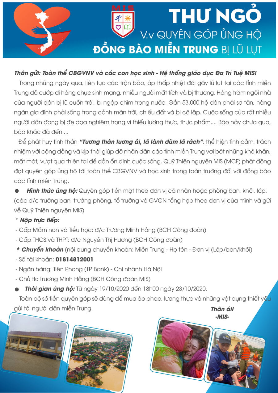 THƯ NGỎ QUYÊN GÓP ỦNG HỘ ĐỒNG BẢO MIỀN TRUNG BỊ LŨ LỤT