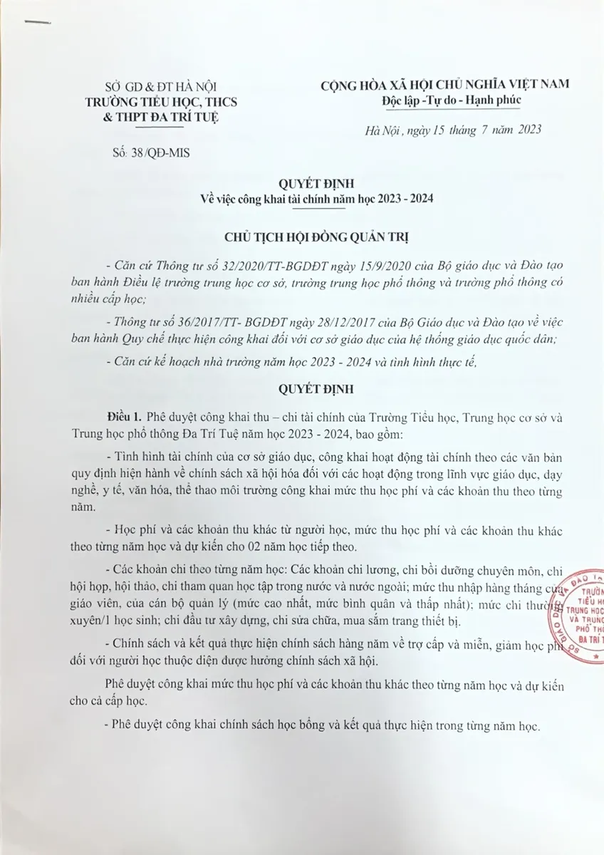 QUYẾT ĐỊNH CÔNG KHAI TÀI CHÍNH NĂM HỌC 2023-2024