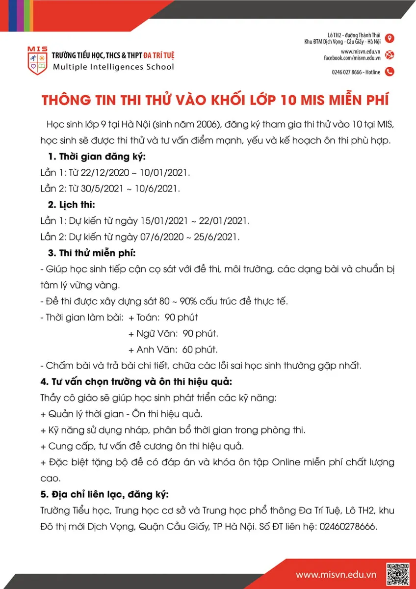 THÔNG TIN THI THỬ VÀO KHỐI LỚP 10 MIS MIỄN PHÍ