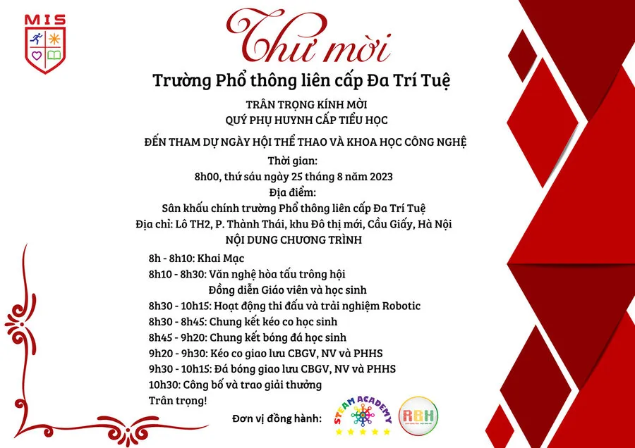 TRÂN TRỌNG KÍNH MỜI QUÝ PHỤ HUYNH ĐẾN THAM DỰ NGÀY HỘI THỂ THAO VÀ KHOA HỌC CÔNG NGHỆ CỦA TRƯỜNG TIỂU HỌC ĐA TRÍ TUỆ