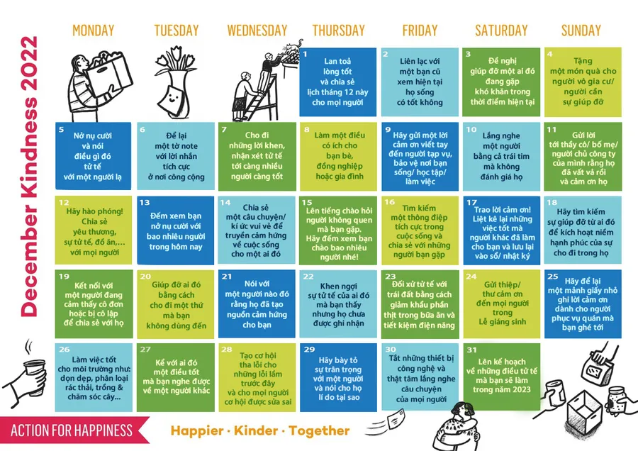 ACTION FOR HAPPINESS – DECEMBER KINDNESS 2022 – LỊCH LÀM VIỆC TỬ TẾ THÁNG 12