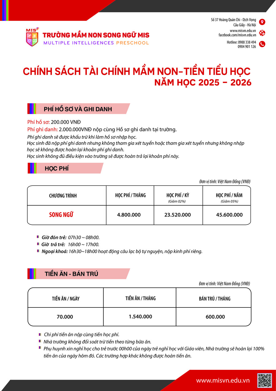 Thông tin tuyển sinh Mầm non - Tiền tiểu học năm học 2026-2027